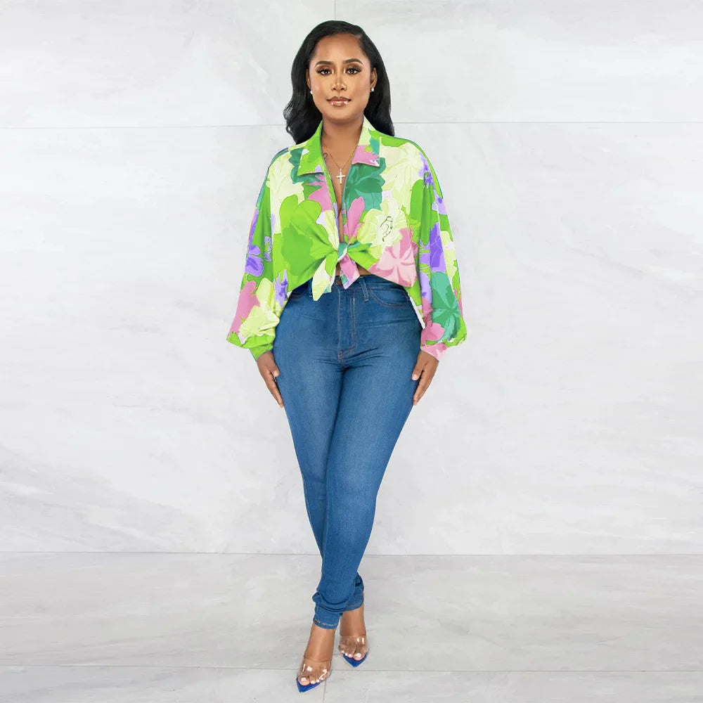 Women's Printed V-Neck Ramie Shirt Loose Bat-Sleeve Summer Top with Belly Cover Age-Reducing Design