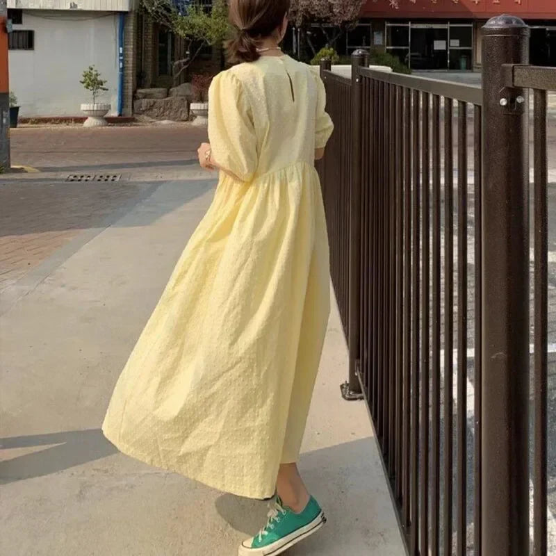 Women Polka Dot Puff Sleeve Long Dress Casual Party