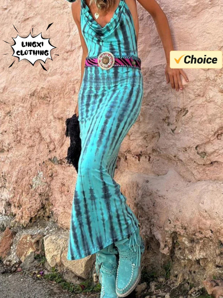 Open Back Maxi Dress Hooded Tie Dye Ethnic Style Chic