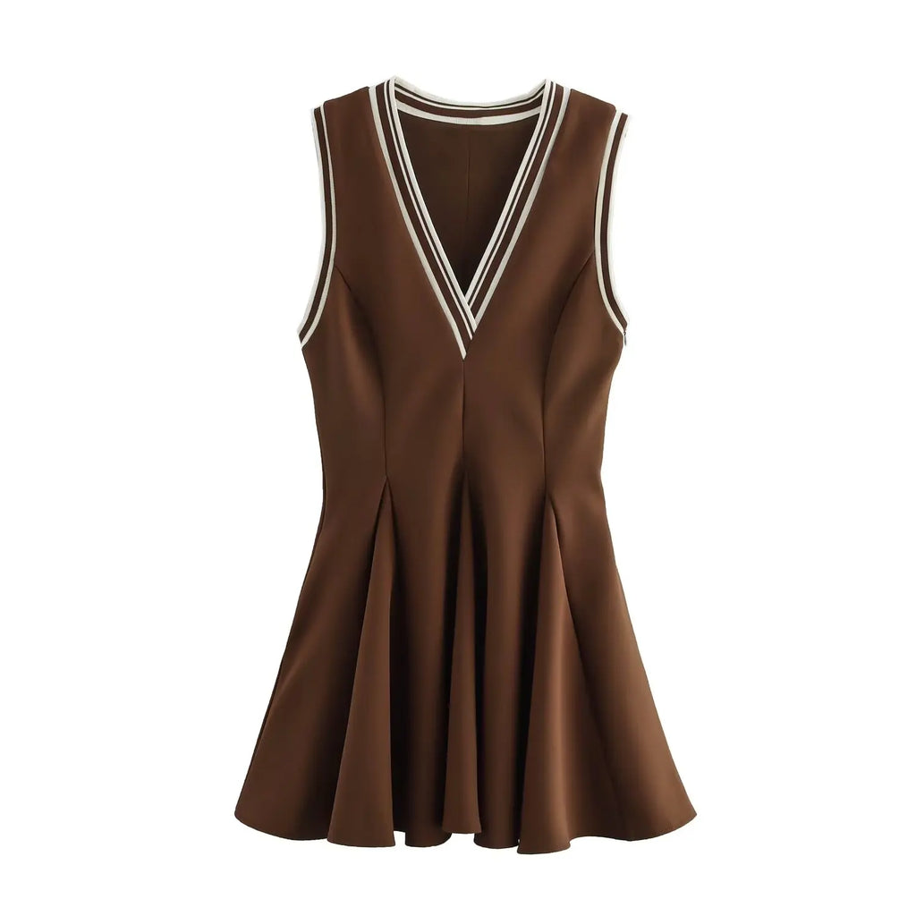 Women's Brown Striped Pleated Mini Dress Sleeveless Beach