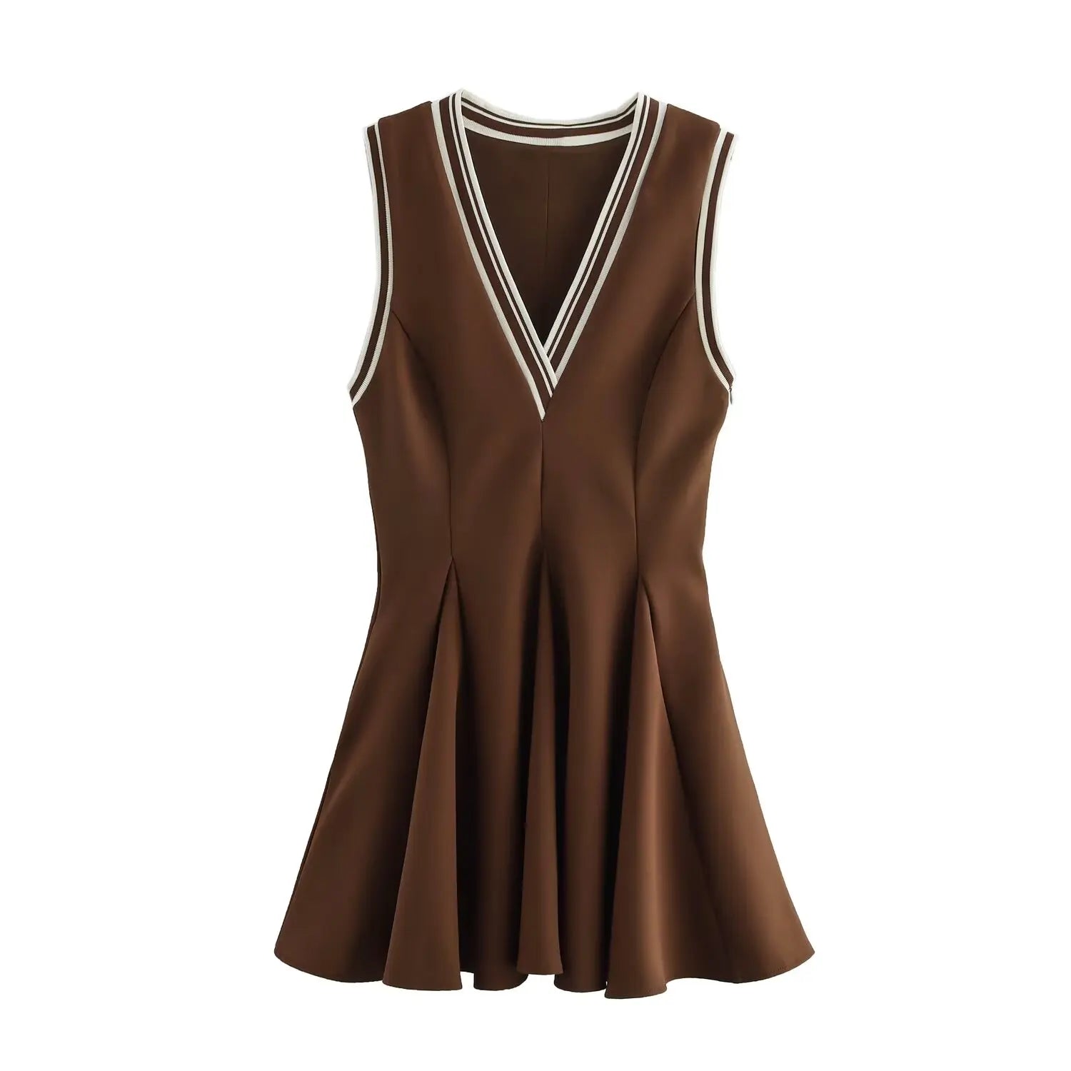 Women's Brown Striped Pleated Mini Dress Sleeveless Beach
