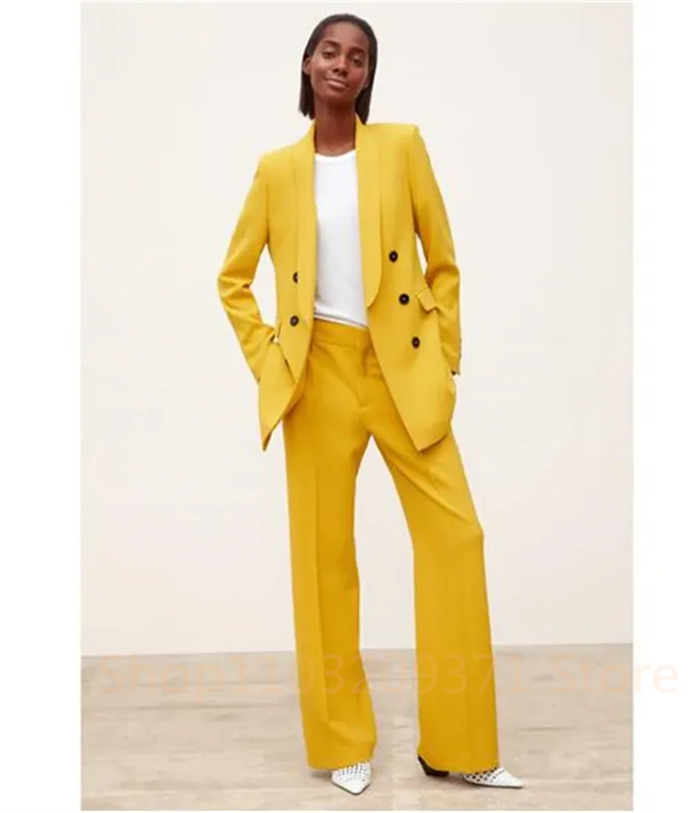 Plus Size Yellow Pantsuit for Women Double Breasted Blazer