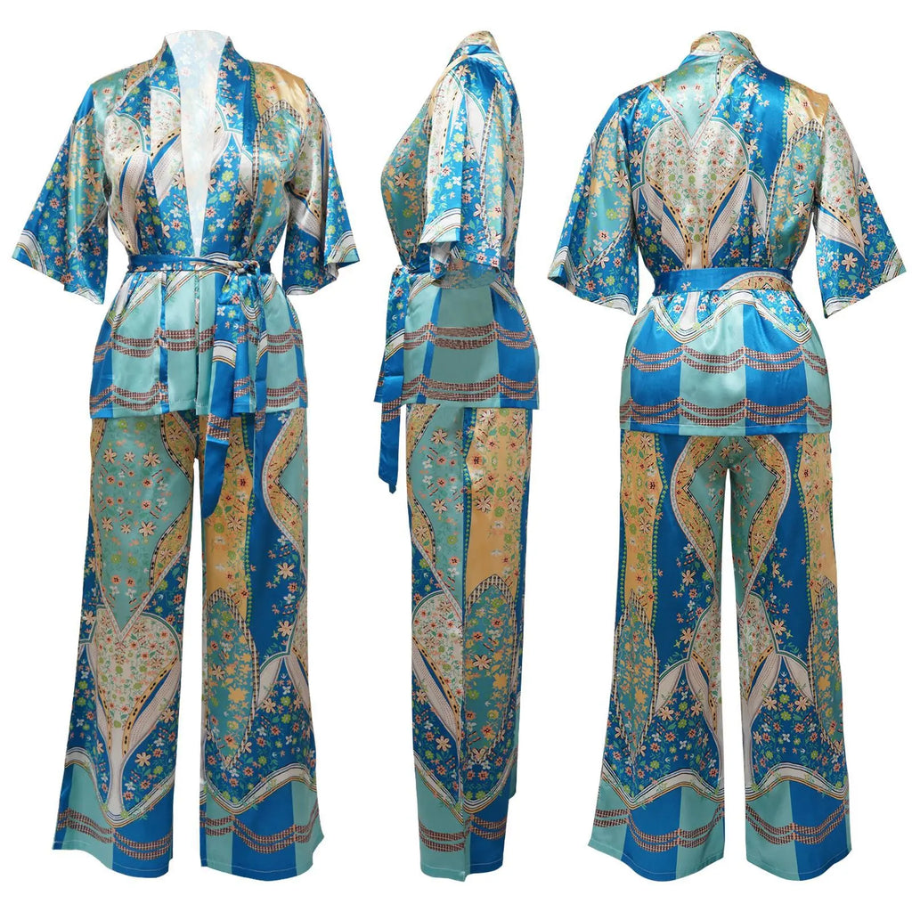 Women's Imitation Silk Printed Two Piece Set with Lace-Up Long Sleeve Top and Wide-Leg Pants for Casual Street Style