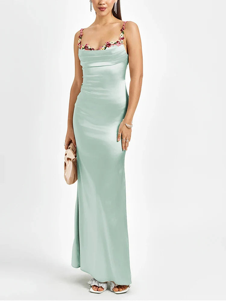 Floral Satin Maxi Dress Backless Tie Up Party Gown