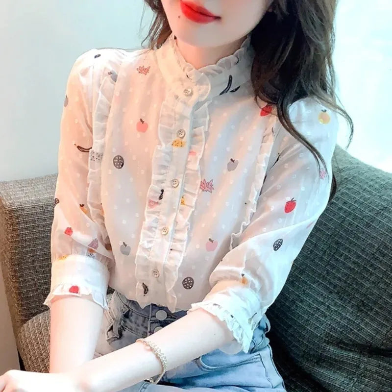 Women's Sweet Floral Print Chiffon Blouse with Edible Tree Fungus Collar, Half Sleeve Lightweight Summer Top, Casual and Comfortable White Shirt