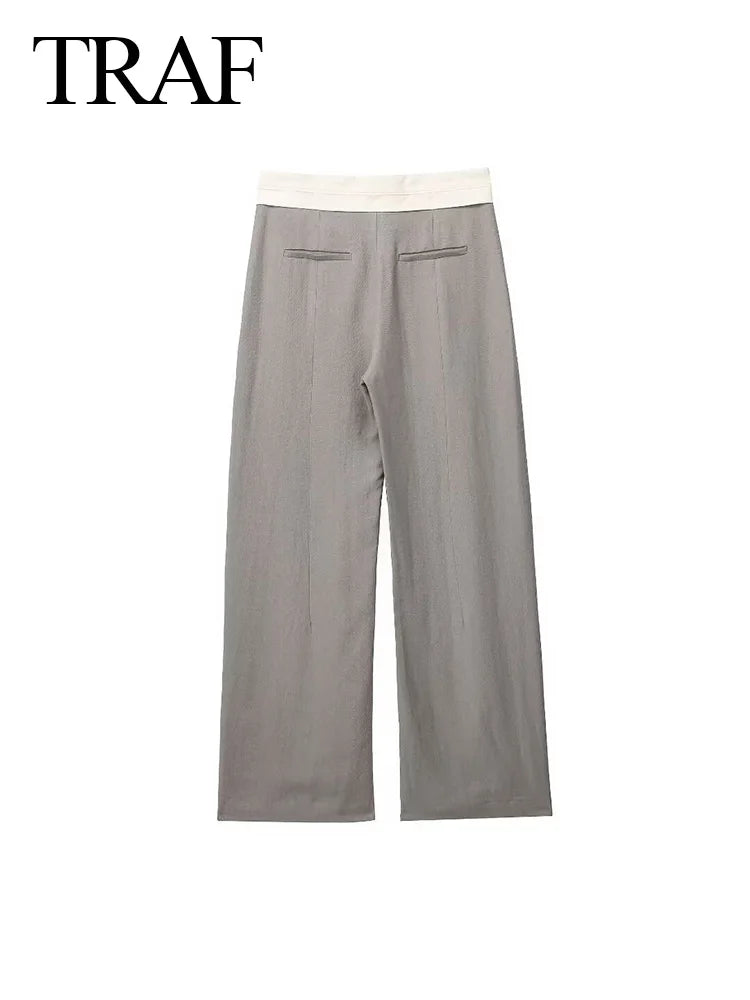 Women's Solid Grey Two Piece Set with Sleeveless Asymmetrical Vest and High Waist Wide Leg Trousers Casual Outfit