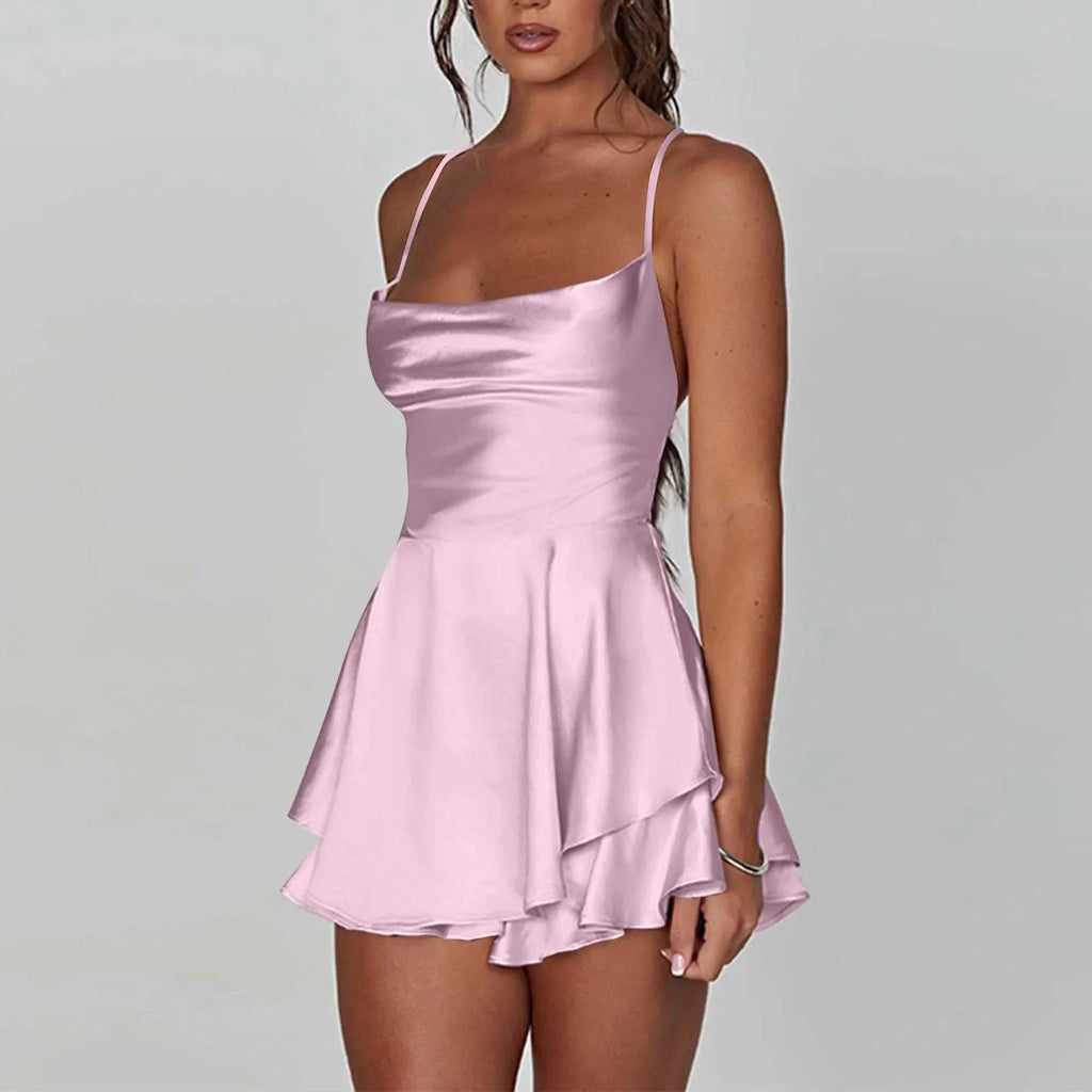 Backless Satin Party Dress With Cowl Neck Spaghetti Straps