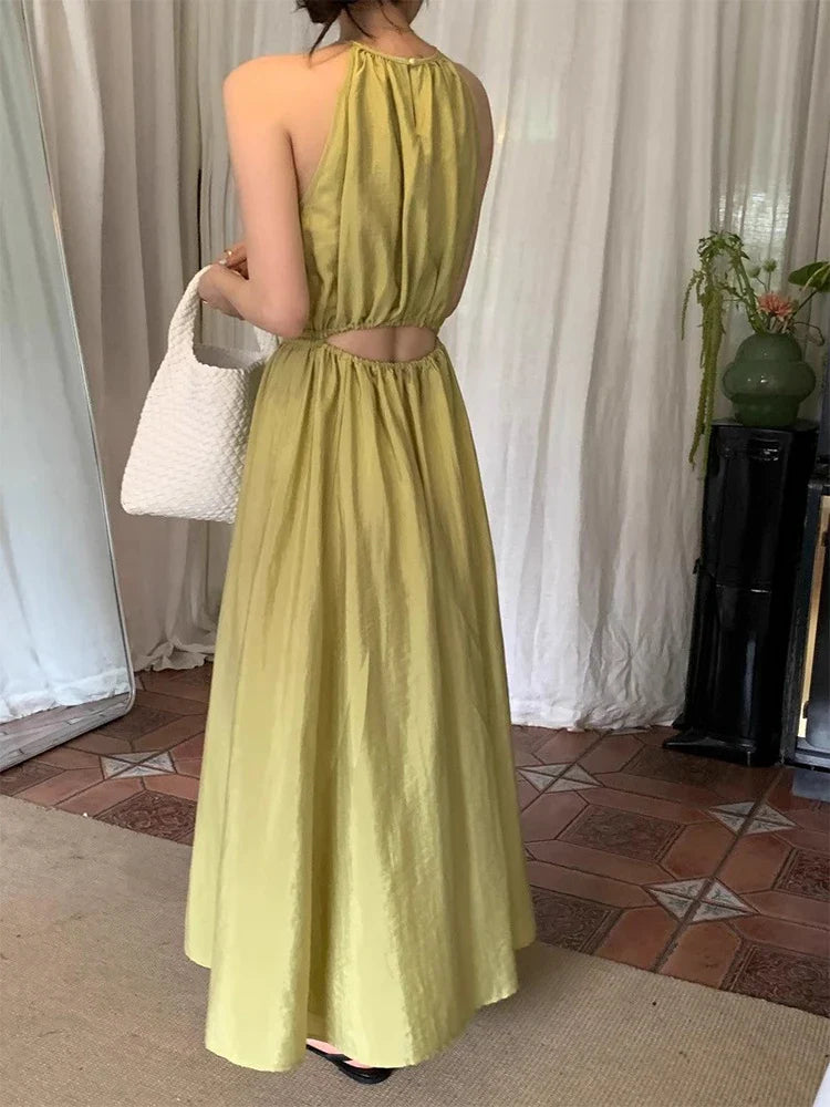 Elegant Y2K Halter Neck Dress Off Shoulder Hollow Waist