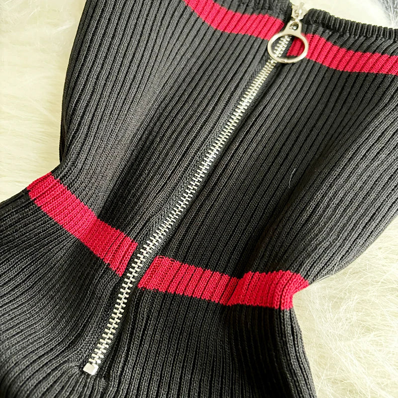 Black Zipper Knit Bodycon Dress Sleeveless Midi Party Dress