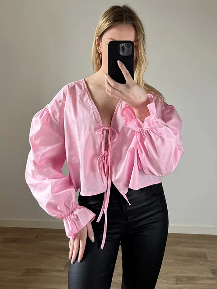 Elegant Solid Lace-Up V-Neck Blouse for Women with Lantern Sleeves and Hollow Out Detail Loose Fit Chic Female Shirt