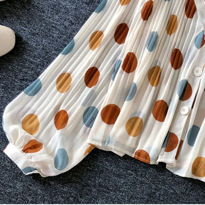 Polka Dot Casual V-Neck Chiffon Blouse with Single Breasted Button and Lantern Sleeve Folds Lightweight Women's Top