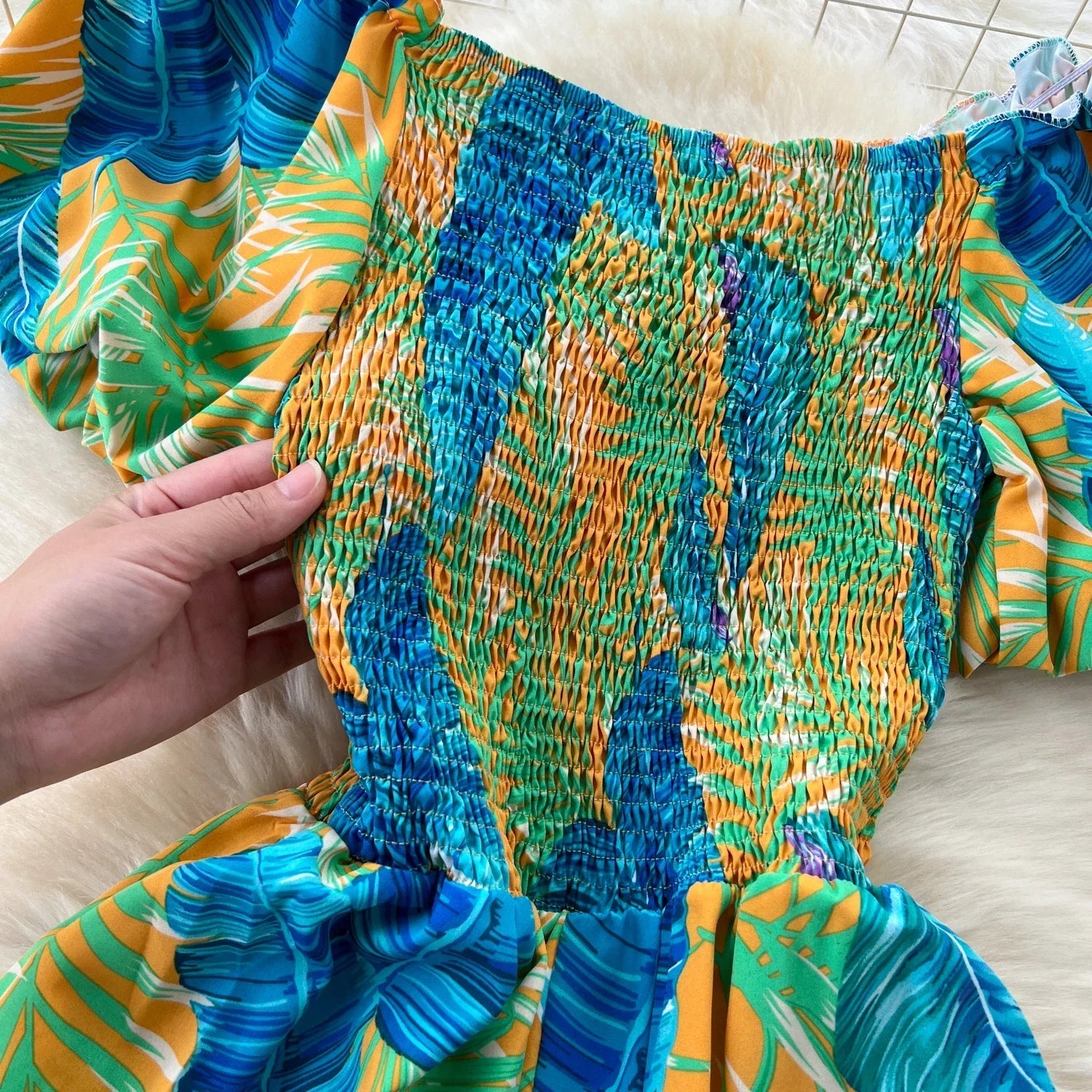 Square Neck Loose Pleated Jumpsuit with Ruffles Backless Design Wide Leg Long Pants Elegant Chic Printed Playsuit for Women