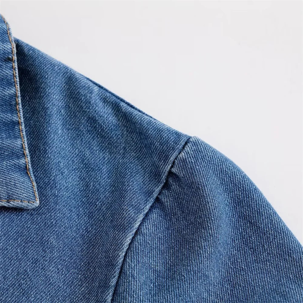 Solid Color V-Neck Loose Denim Pullover Top and High Waist Trousers Set for Women