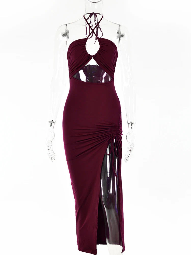 Backless Party Dress Hollow Out Drawstring High Split Style