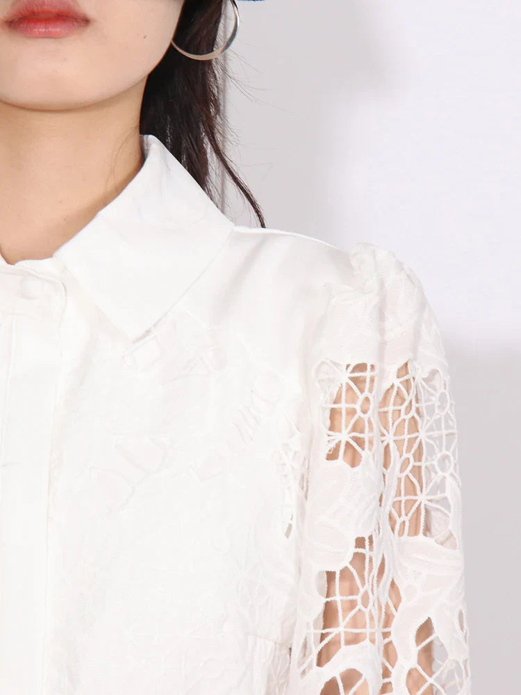 Patchwork Lace Hollow Dress Belted Lantern Sleeve For Women