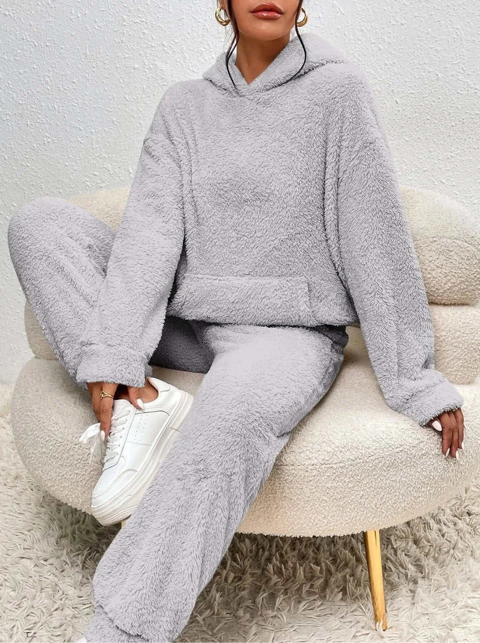 Cozy Autumn Winter Women's Casual Hooded Sweatshirt and Plush Leg Pants Two-Piece Set Warm Furry Trousers Outfit