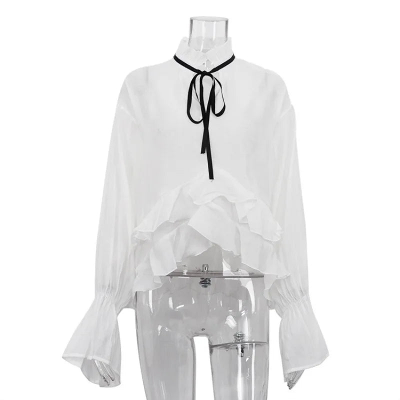 Sexy Loose White Women's Shirt With Ruffles Long Sleeve Sheer Elegant Blouse Stylish Transparent Top