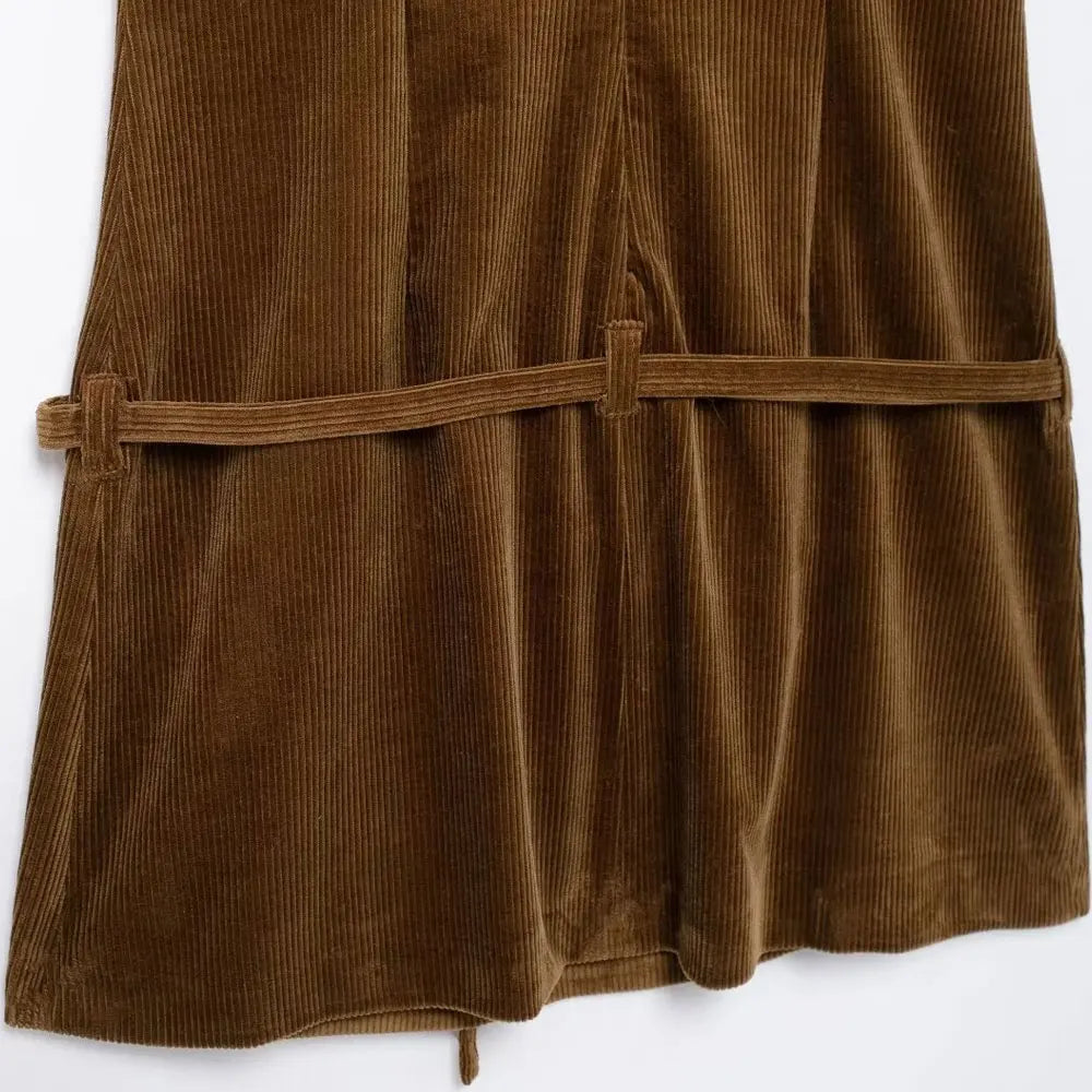 Corduroy Mini Dress With Belt O Neck Sleeveless Back Zipper