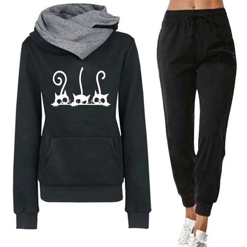 Womens Cute Cat Print Tracksuit Hooded Sweatshirt and Jogging Pants Set for Casual Autumn and Winter Wear