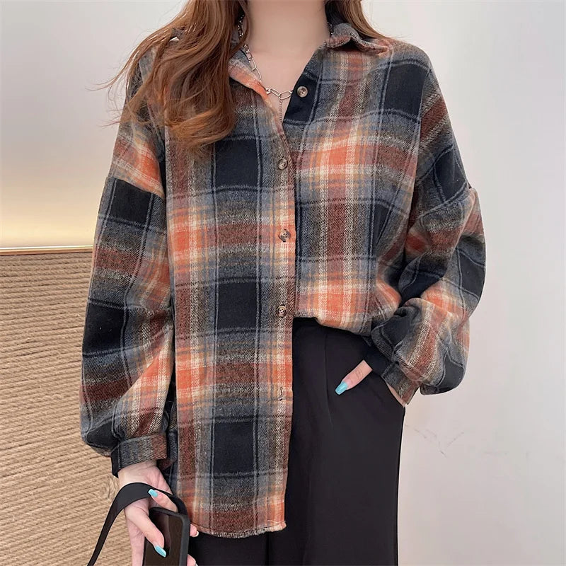 Women's Casual Blushed Flannel Shirt Long Sleeve Collared Button Down Plaid Blouse Fall Winter Vintage Top