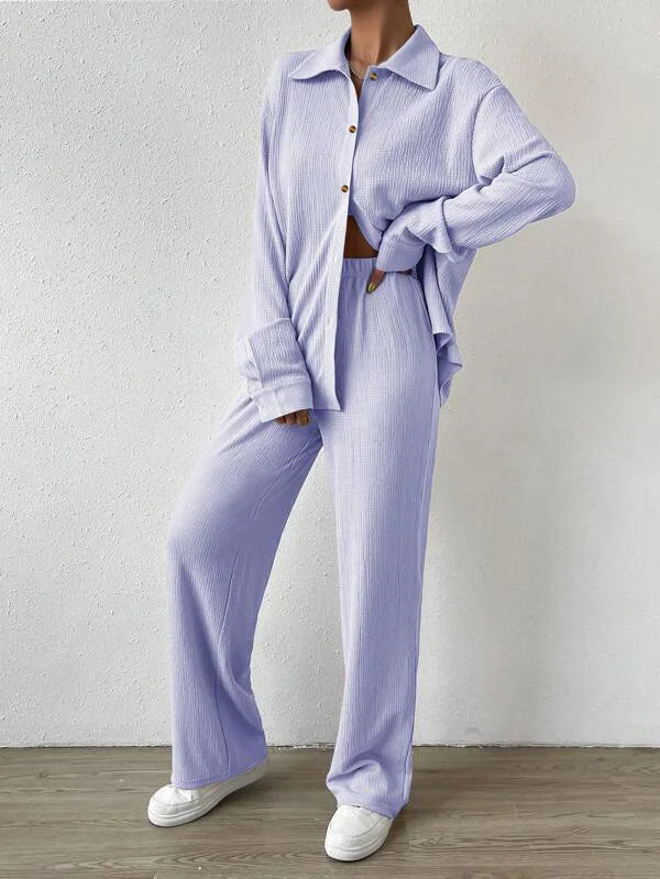 Autumn Women's Casual 2 Piece Outfit Long Sleeve Button Blouse and Wide Leg Loose Pants Loungewear Set
