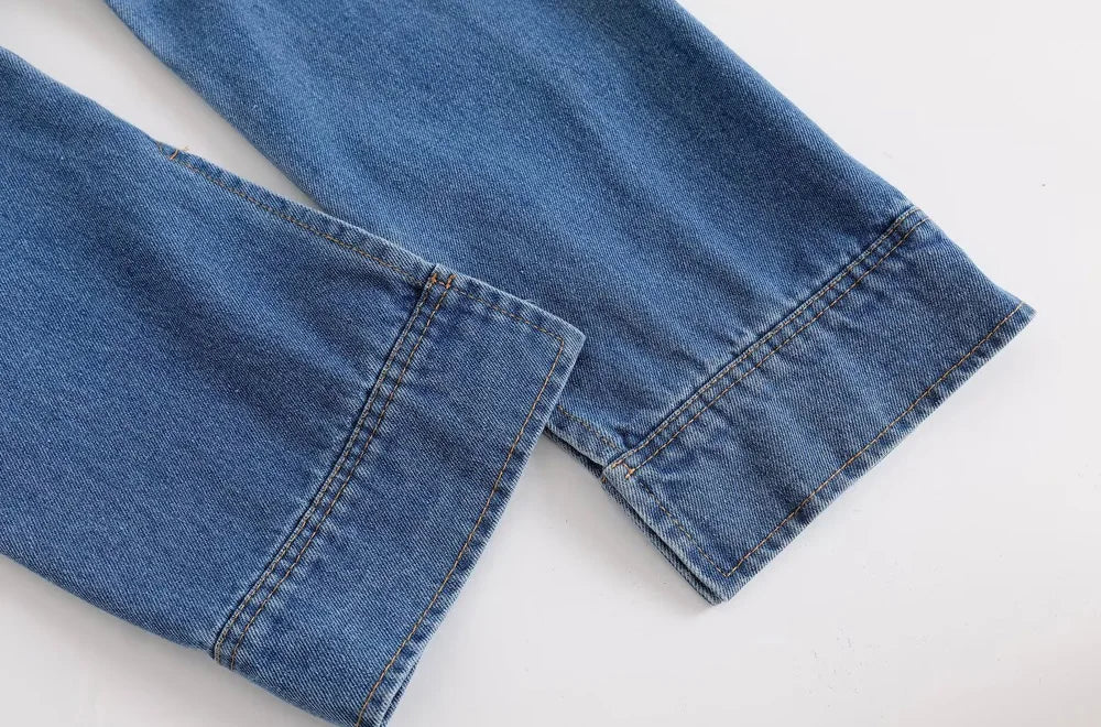 Women's Denim Loose Shirt with Pockets and High Elastic Waist Wide Leg Pants Two Piece Set