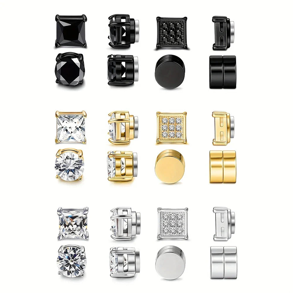 4 Pairs Magnetic Stainless Steel Stud Earrings with Cubic Zirconia Non-piercing Ear Clips for Men