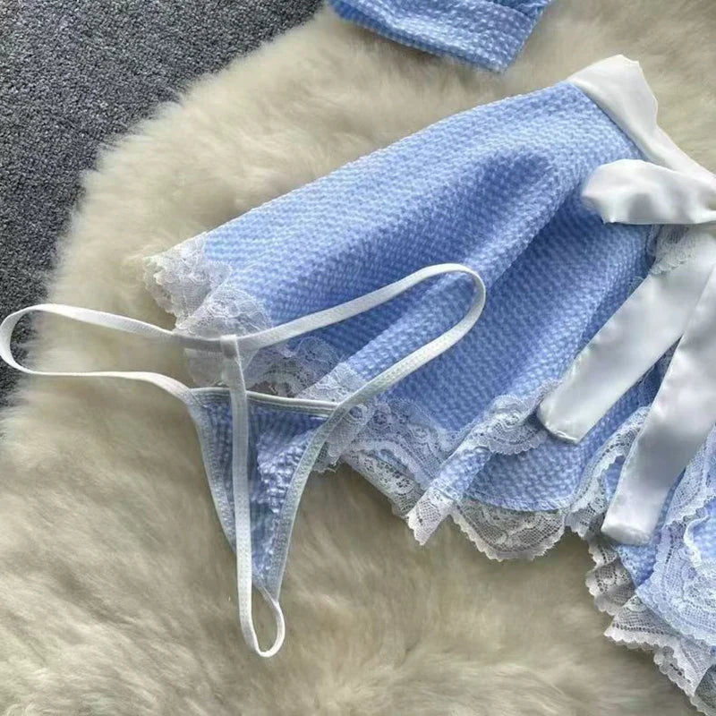 Sexy Maidservant Apron Dress Three Piece Set Lace Trimmed Plaid Cosplay Lingerie Nightwear for Women