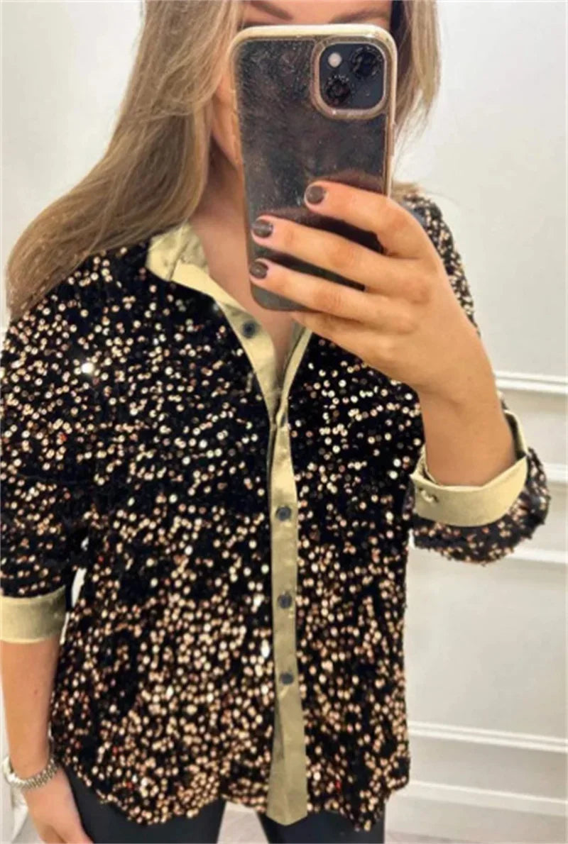 Sequin Lapel Women's Black Shirt Casual Glitter Loose Long Sleeve Single Breasted Retro Party Top Streetwear