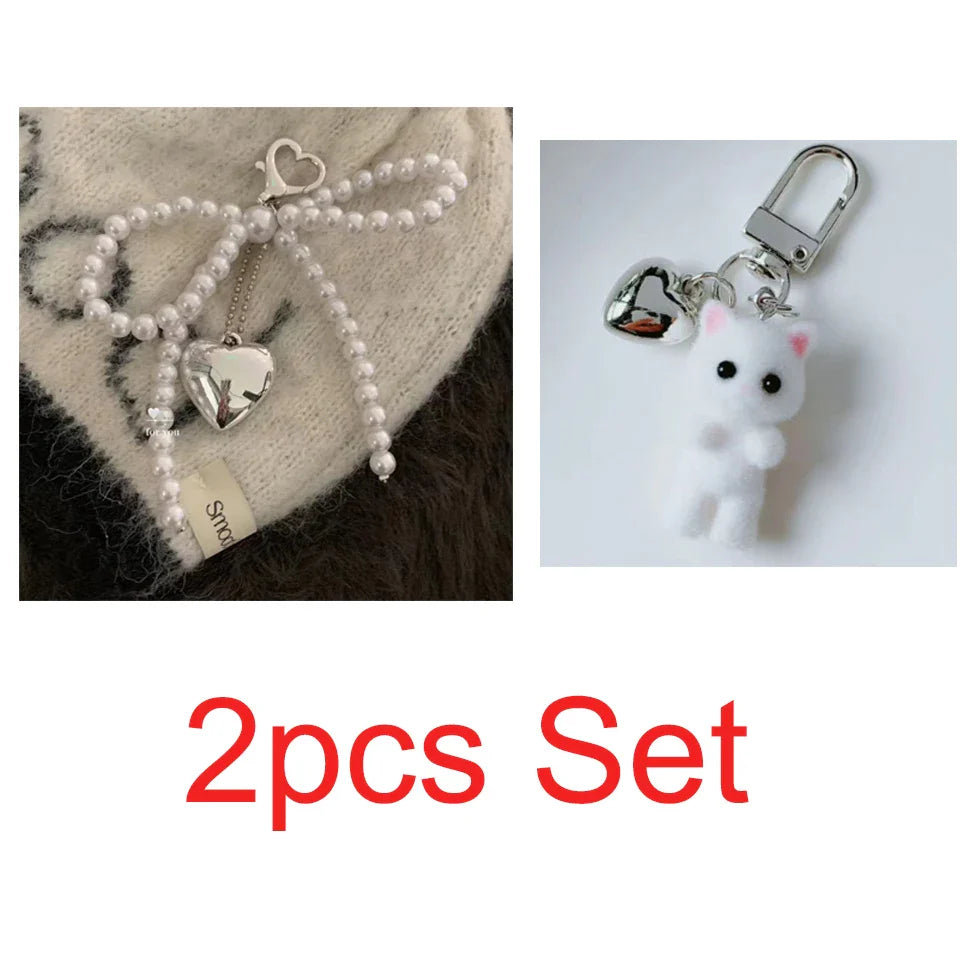 White Bowknot Heart Keychain for Women Sweet Charm Pearl Bow Backpack Key Ring Handmade Jewelry Ornament