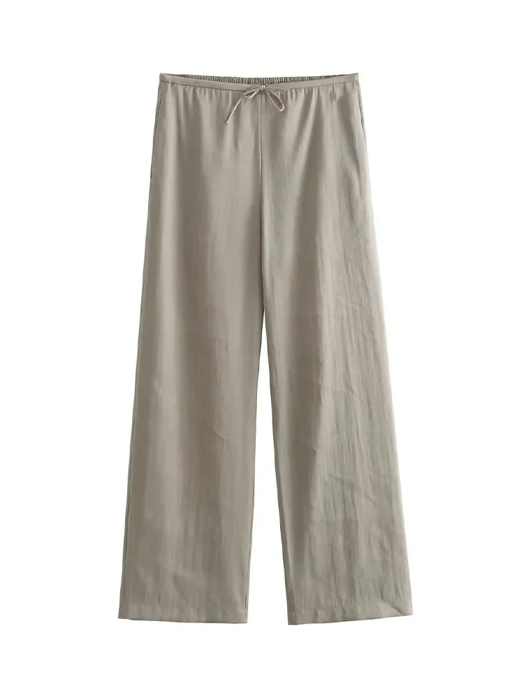 Grey Lace Up Two Piece Set for Women with Pockets and Vintage Drawstring Trousers