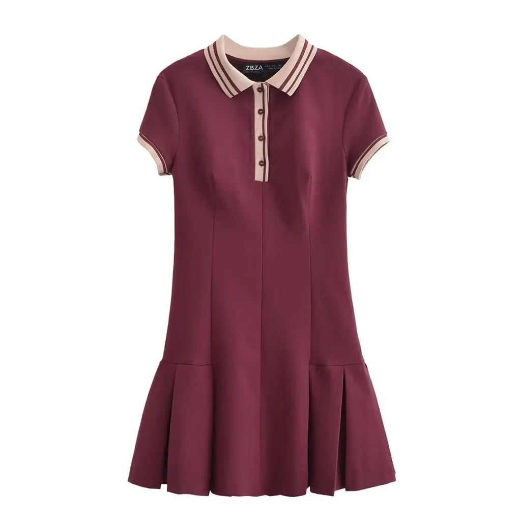 Retro Ribbed Pleated Dress For Women With Contrast Trim
