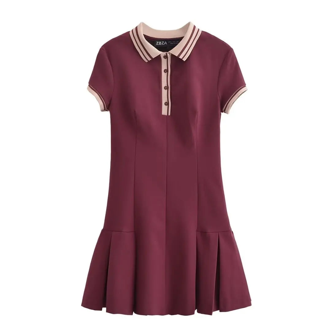 Retro Ribbed Pleated Dress For Women With Contrast Trim