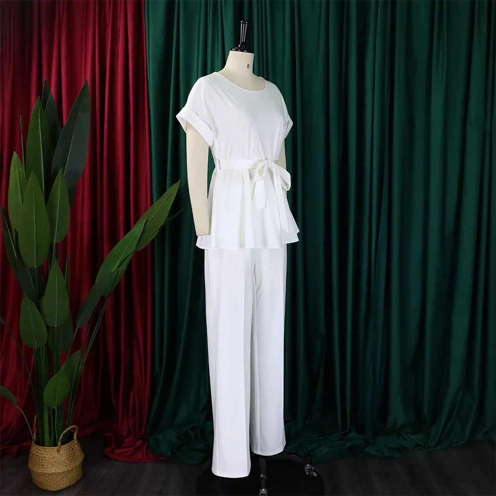 Women's Elegant 2 Piece Pants Set with Solid Blouse Short Sleeve O Neck and Long Trousers