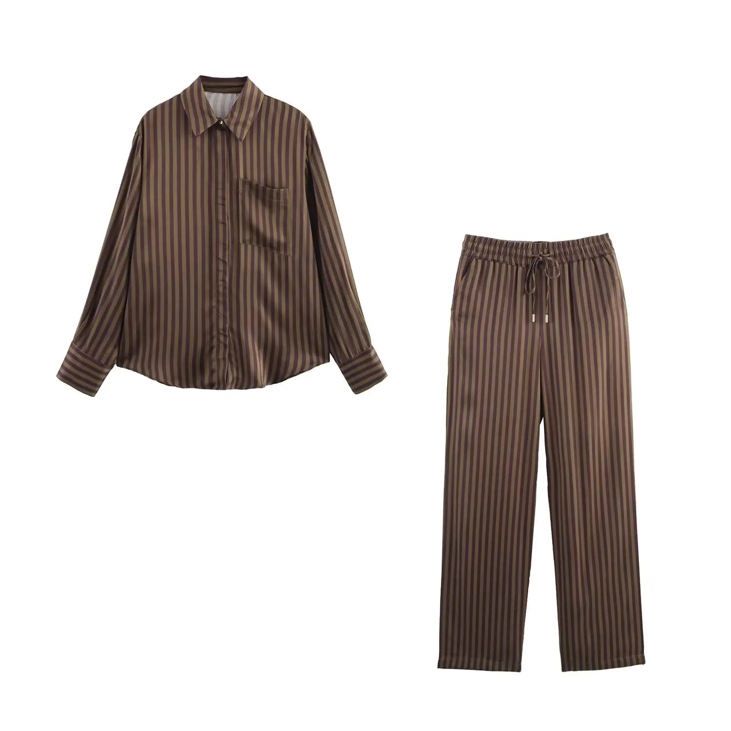 Women's Striped Long Sleeve Shirt with Collar and Striped Casual Pants for Spring Fashion