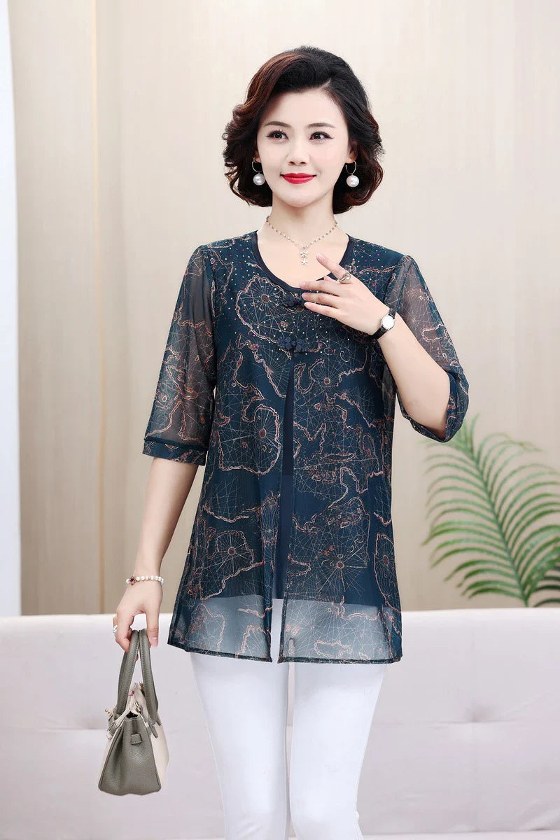 Vintage Floral Print Chiffon Half Sleeve T-Shirt with Spliced Fake Two-Piece Design and Round Neck Casual Summer Top for Women