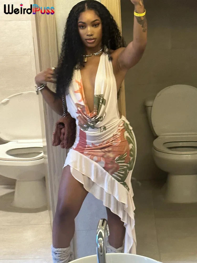 Backless Halter Bodycon Dress With Deep V Neck Y2K Clubwear