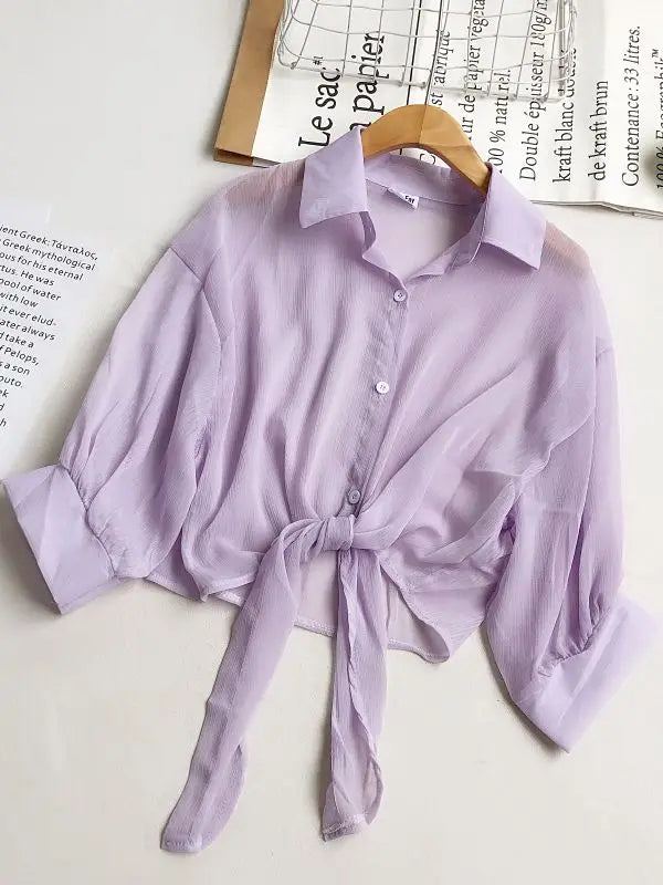 Women Buttoned Up Chiffon Blouse Tied Waist Crop Top Office Lady Shirt Thin and Lightweight
