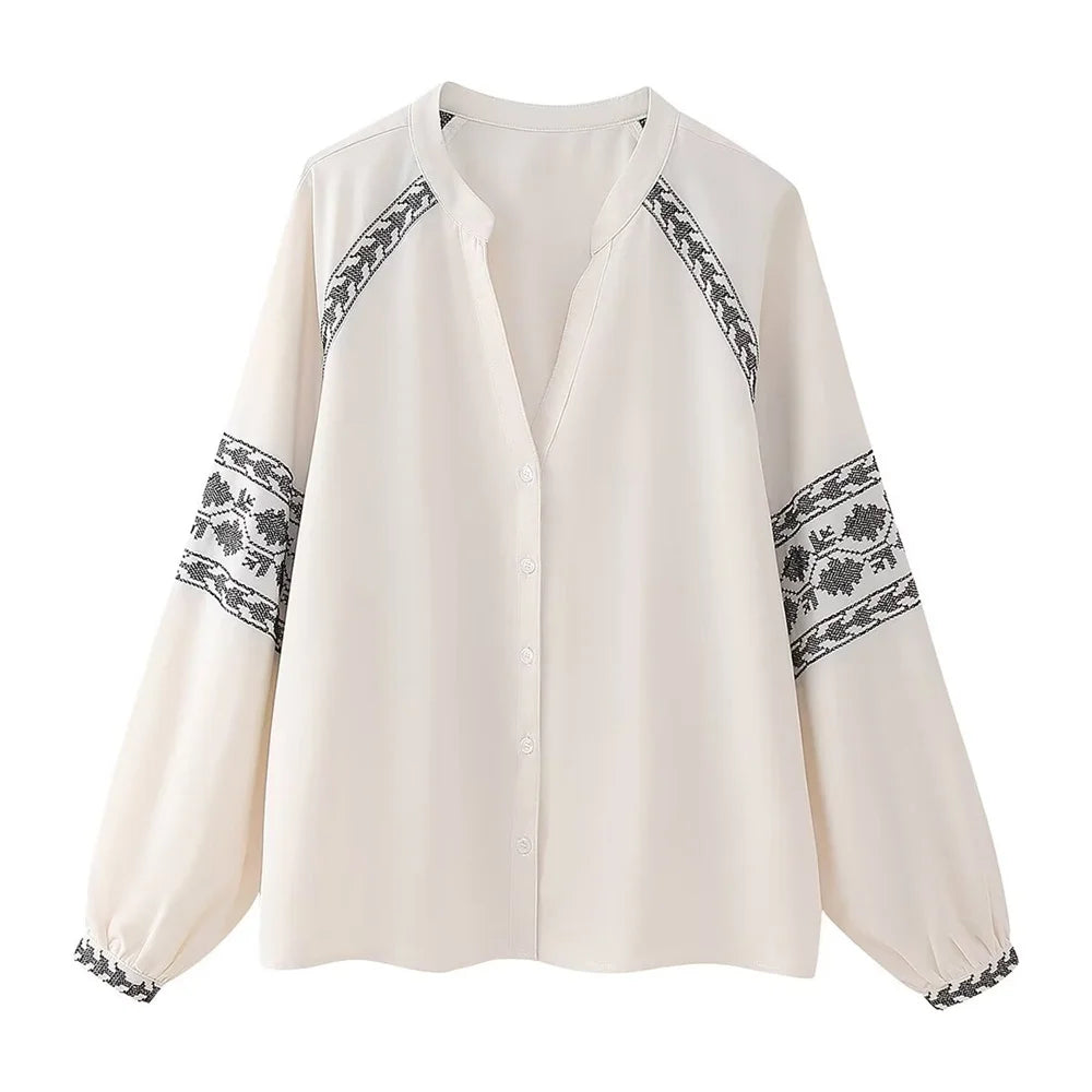 Loose Fit White Embroidered Cover Up Shirt Top for Women with Stylish Contrast Detailing and Versatile Casual Design
