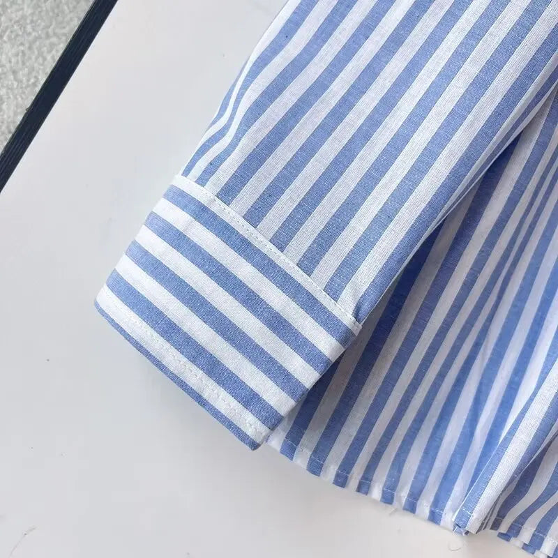 Women's Blue Pure Linen Striped Shirt Comfortable Casual Commuting Top Spring Autumn Lightweight Blouse