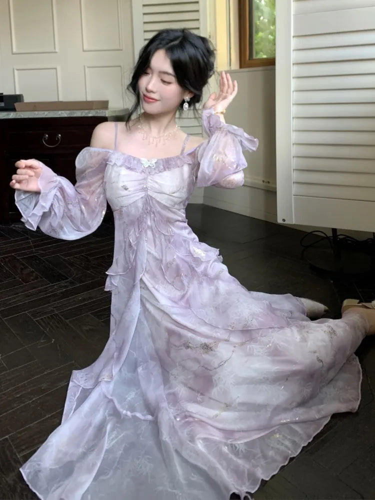 Off Shoulder Dress Ruffle A Line Long French Print