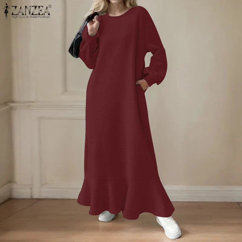 Autumn Boho Long Sleeve Sweatshirt Maxi Dress With Pockets