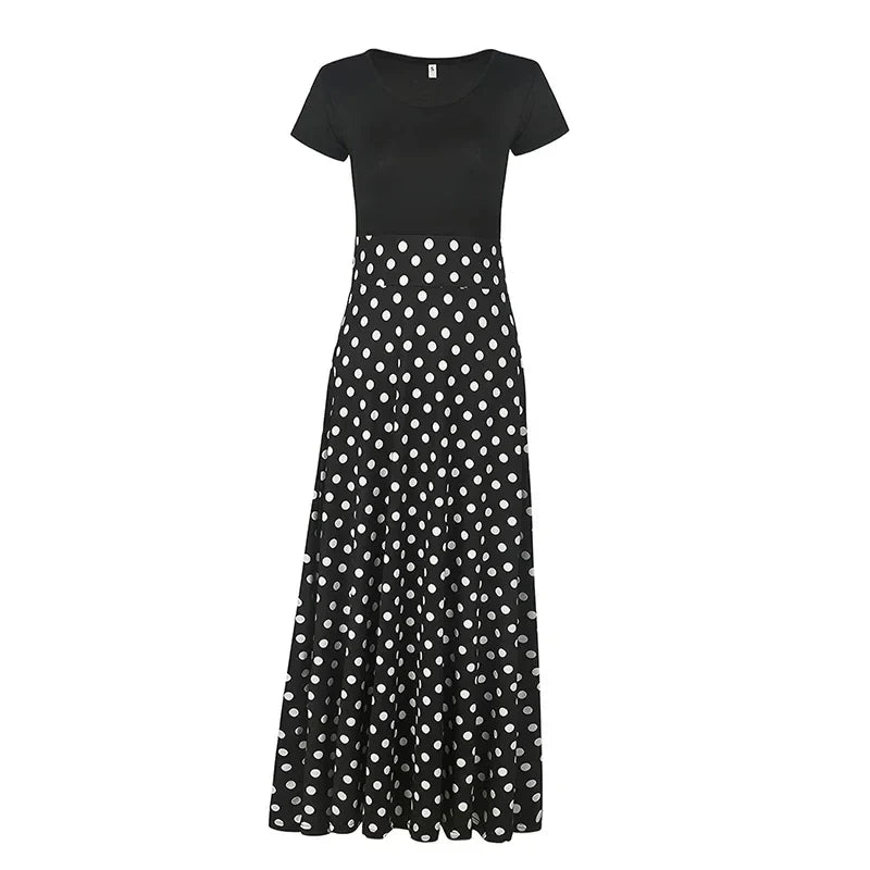 Printed Pleated Maxi Dress With Crew Neck Short Sleeves