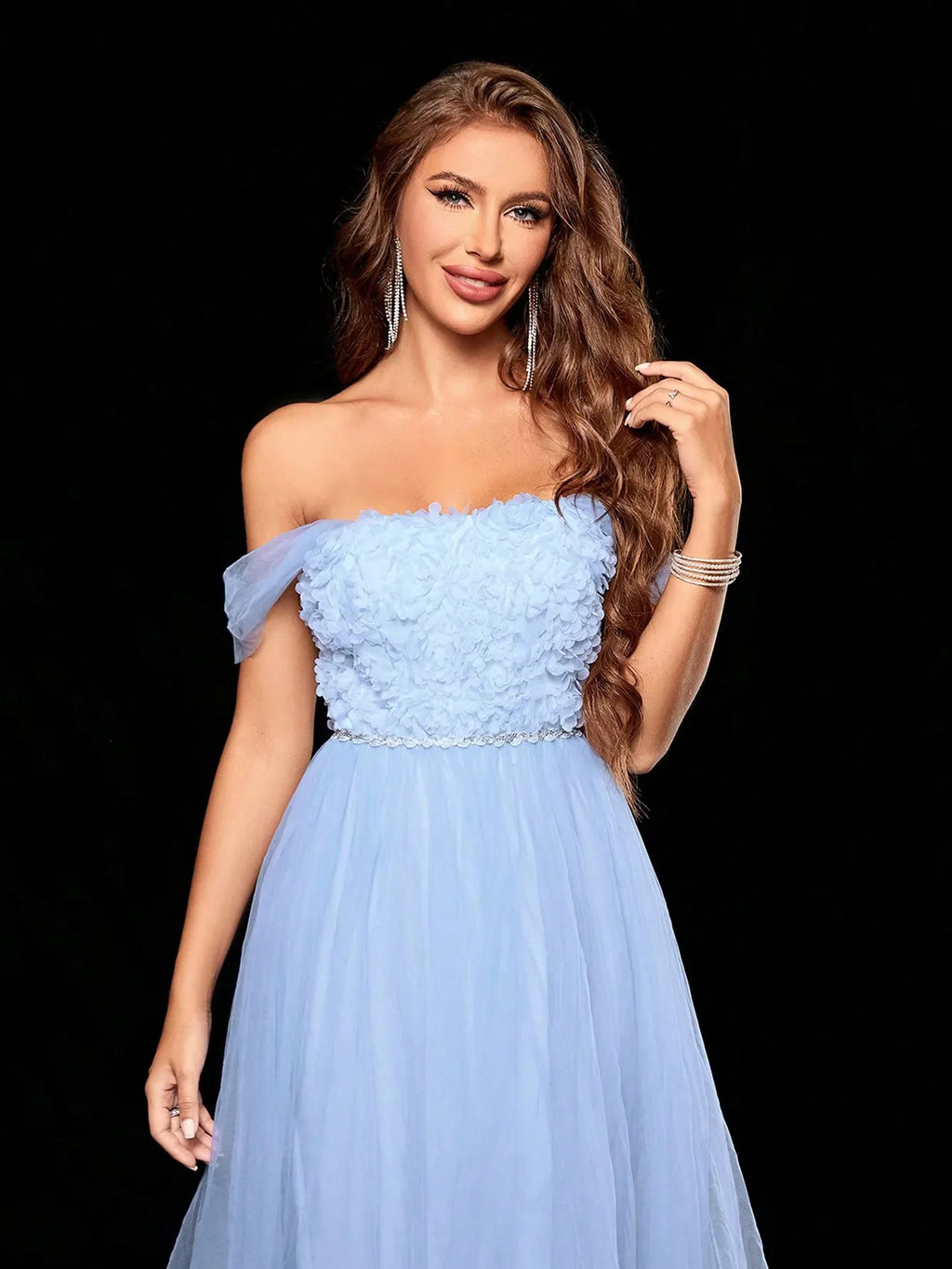 Embroidered Long Mesh Swing Skirt With Unique Neckline