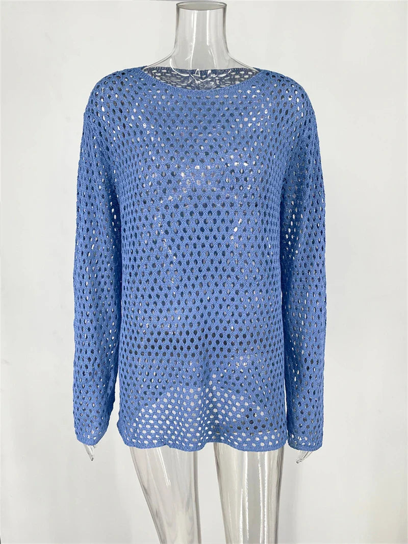 Knit Hollow Out Beach Cover Up Dress See Through For Women