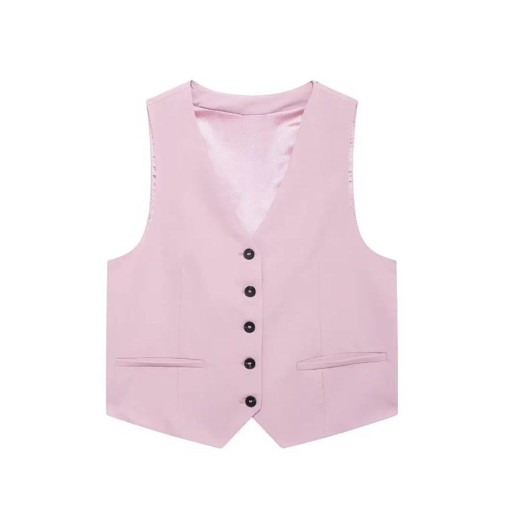 Solid Sleeveless V-Neck Vest and High Waist Zipper Loose Pants Set for Office and Casual Wear