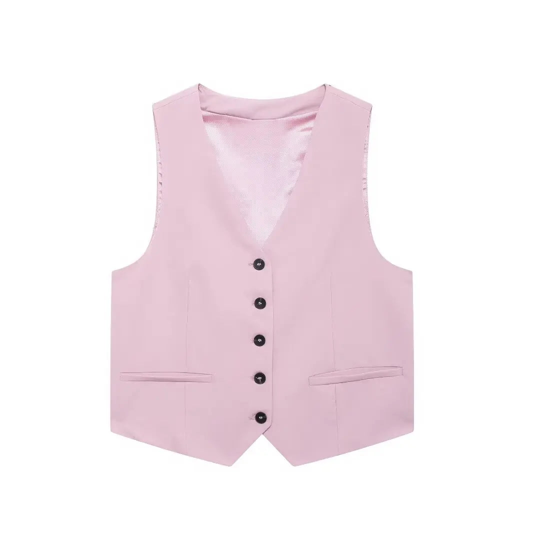 Solid Sleeveless V-Neck Vest and High Waist Zipper Loose Pants Set for Office and Casual Wear