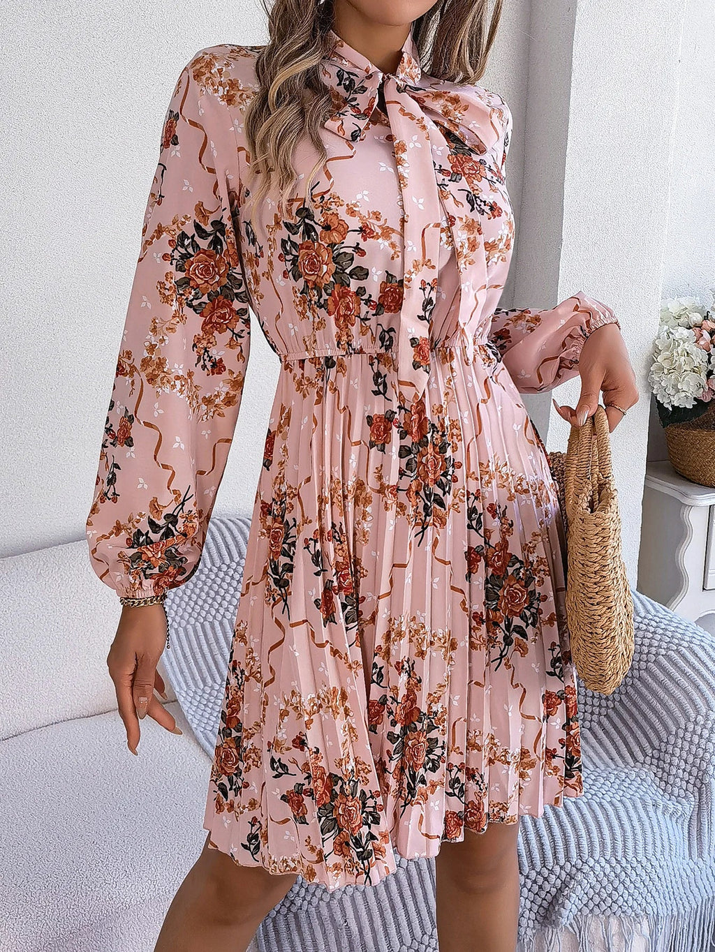 Floral Print Lace Up Long Sleeve Pleated Dress With Bow
