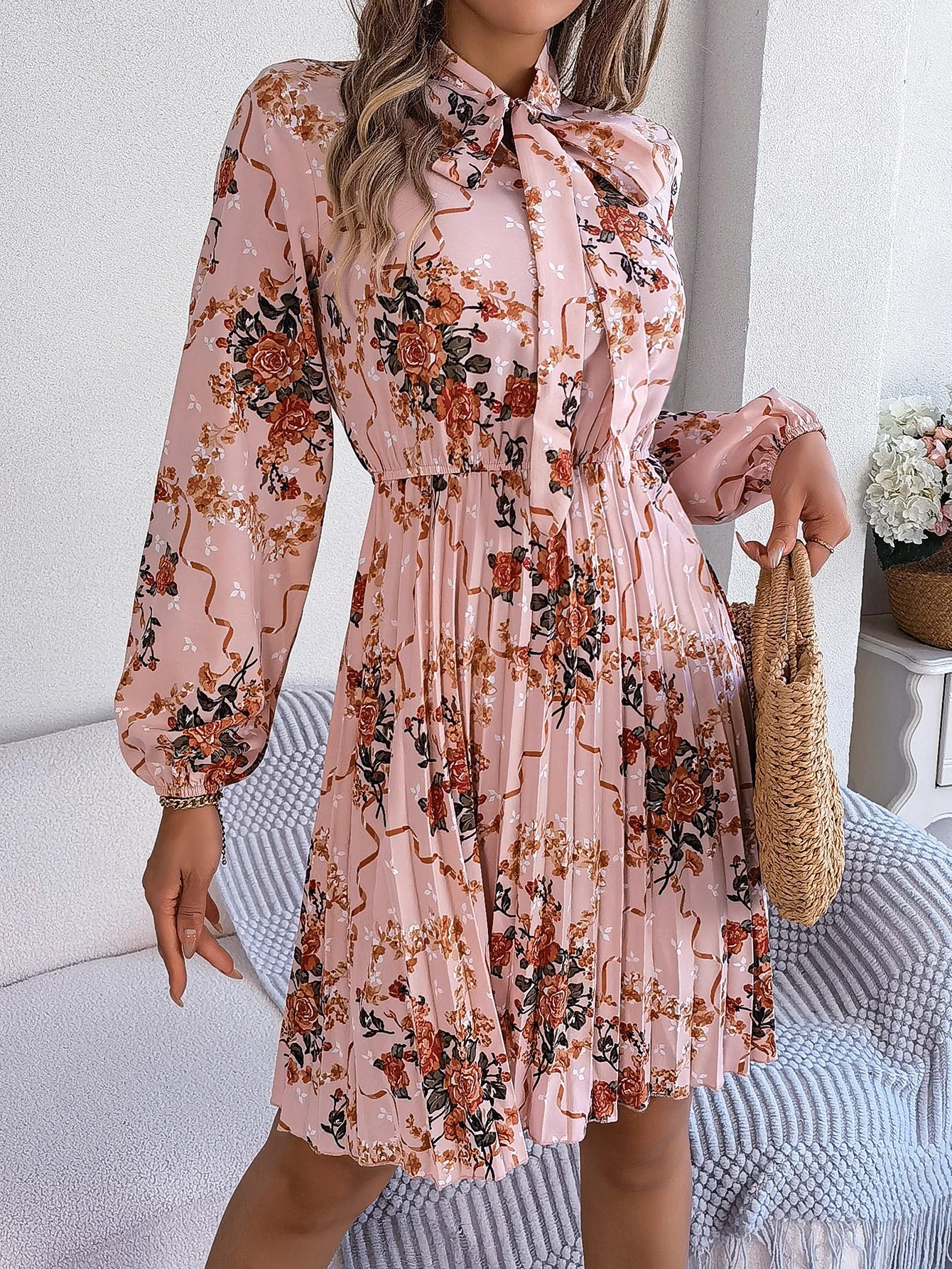 Floral Print Lace Up Long Sleeve Pleated Dress With Bow