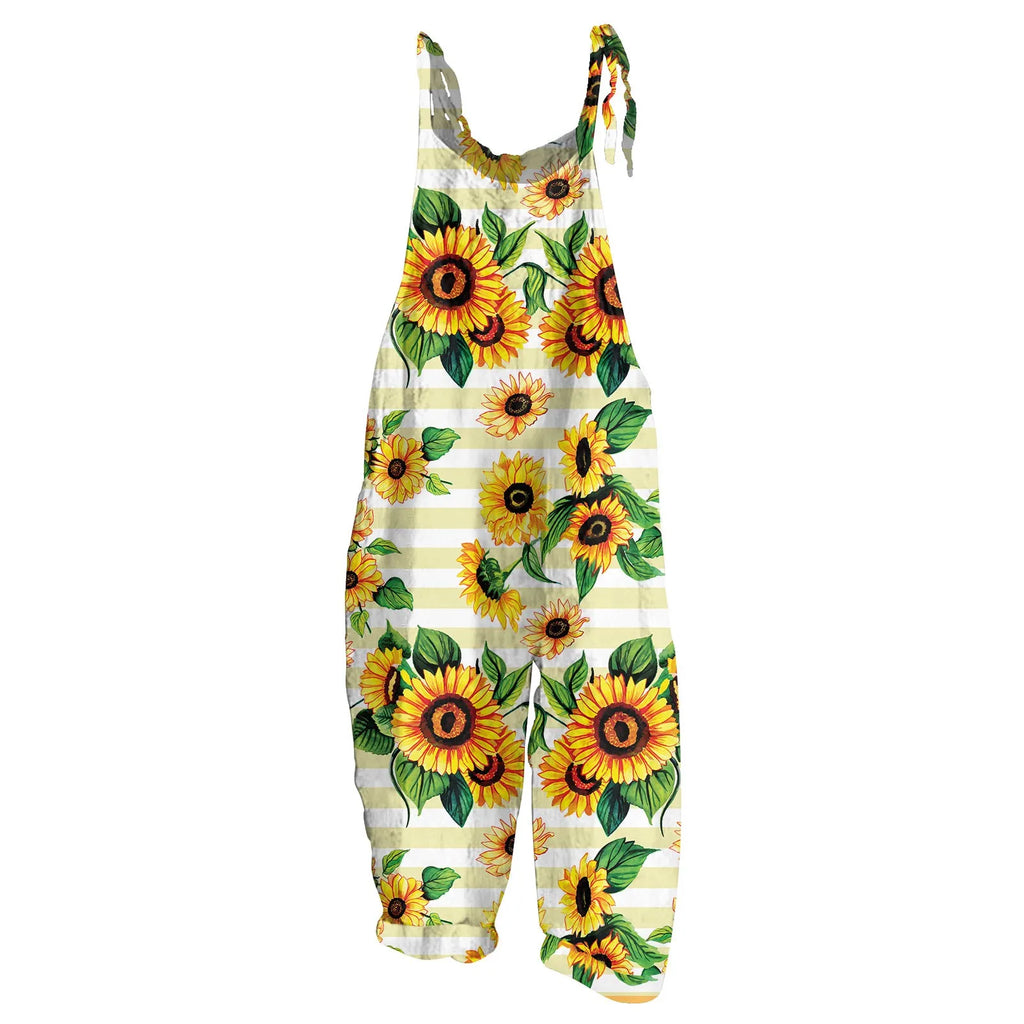 Sunflower Print Slim Fit Cotton Linen Overalls Women Casual Loose Jumpsuit Stylish Romper with Adjustable Shoulder Straps Comfortable Everyday Wear